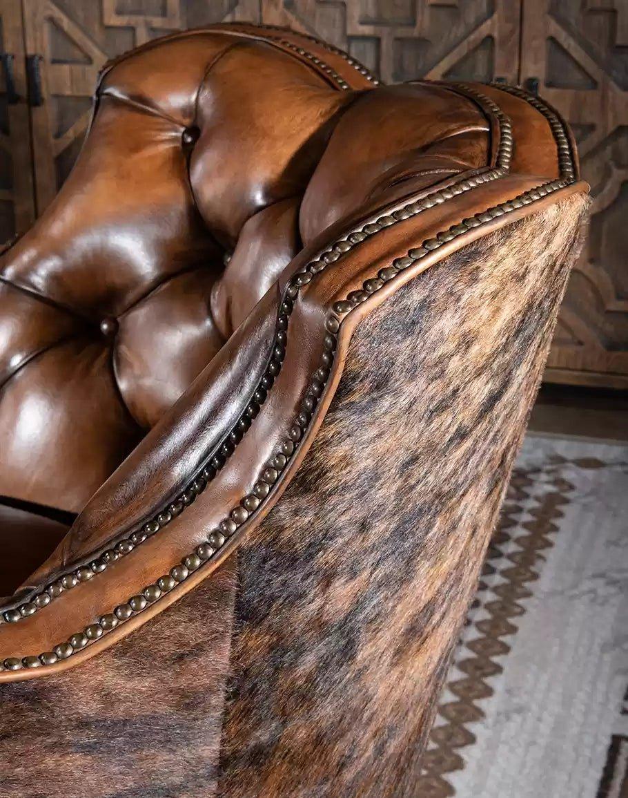 American made Brindle Cowhide & Tufted Leather Swivel Glider - Your Western Decor