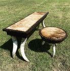 Western sofa table and end table on longhorn steer legs with brindle cowhide surfaces and nail trim 
