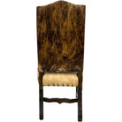 Back of leather dining chair showing brindle cowhide upholstery 