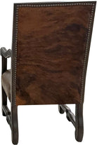 Brown leather chair with arms and decorative western boot stitch on backrest and brindle cowhide on seat outback - Your Western Decor