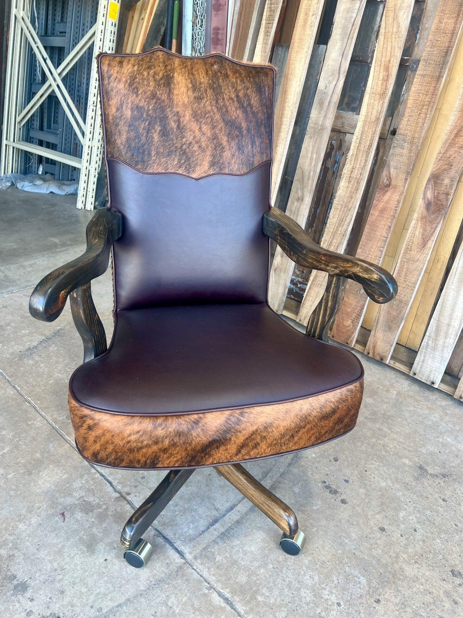 Dark brown leather with brindle cowhide accents western desk chair custom made in the USA - Your Western Decor