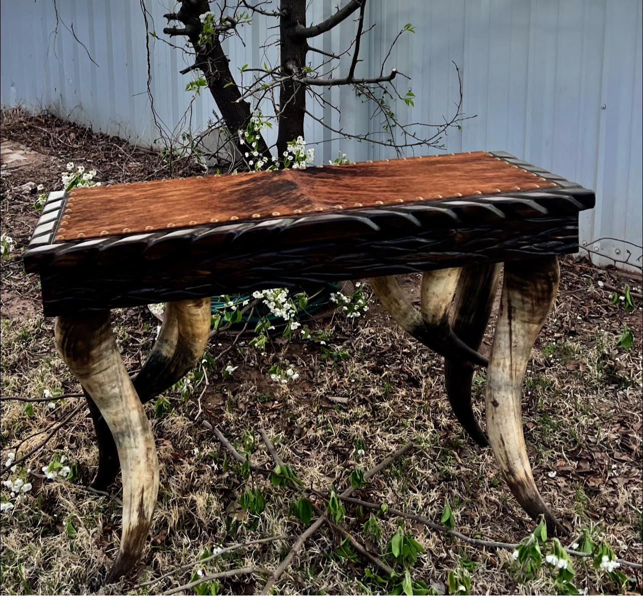 Custom brindle cowhide topped longhorn leg accent console table 