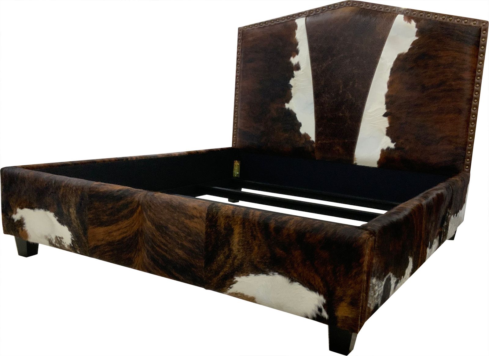 brindle cowhide bed western upholstered bed frame leather handmade USA custom ranch bedroom furniture