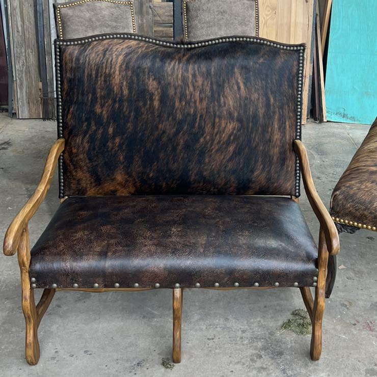 Smooth brown leather and brindle cowhide Regency settee made in the USA - Your Western Decor