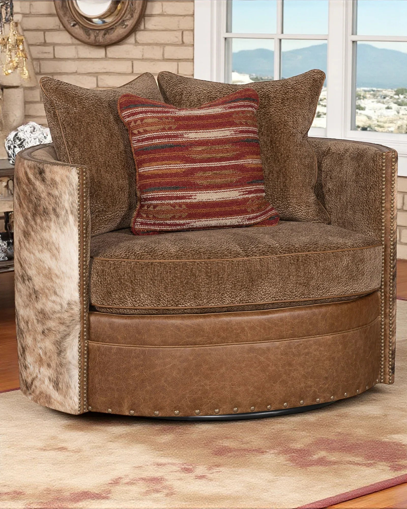 Brindle cowhide and brown fabric with leather swivel chair - Your Westenr Decor