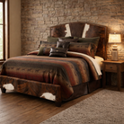 brindle cowhide bed western upholstered bed frame leather handmade USA custom ranch bedroom furniture