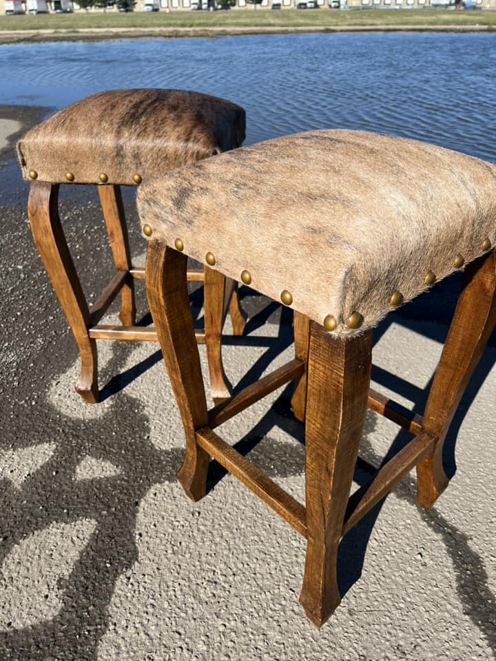 Brindle cowhide upholstered bar stools custom made 