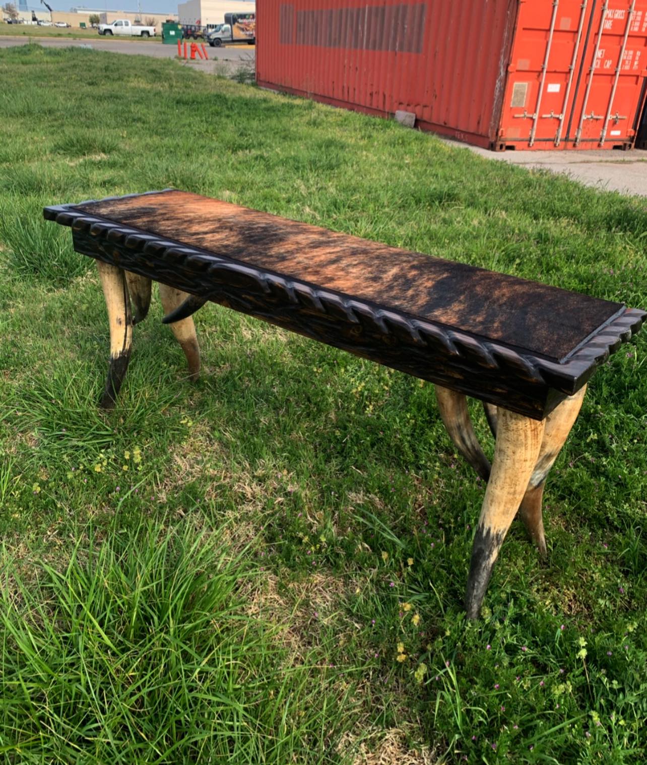 Handmade sofa table with hand carvings, brindle cowhide top and steer horn legs 