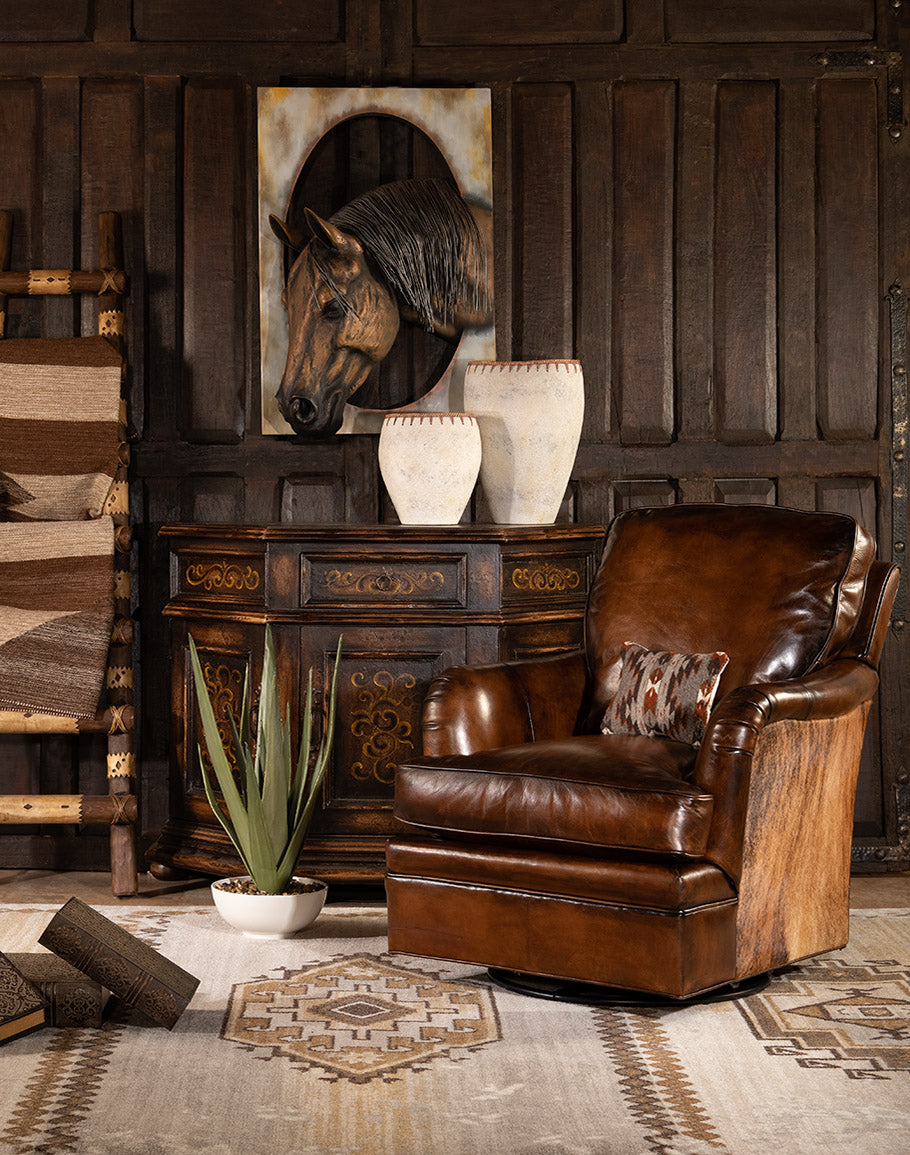 Dark brown burnished leather and brindle cowhide upholstered swivel glider chair made in the USA - Your Western Decor