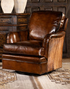 Dark brown burnished leather and brindle cowhide upholstered swivel glider chair made in the USA - Your Western Decor