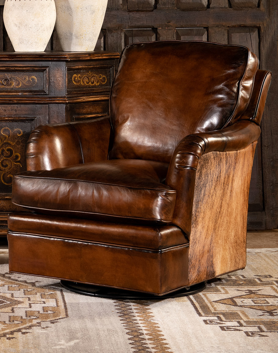 Dark brown burnished leather and brindle cowhide upholstered swivel glider chair made in the USA - Your Western Decor