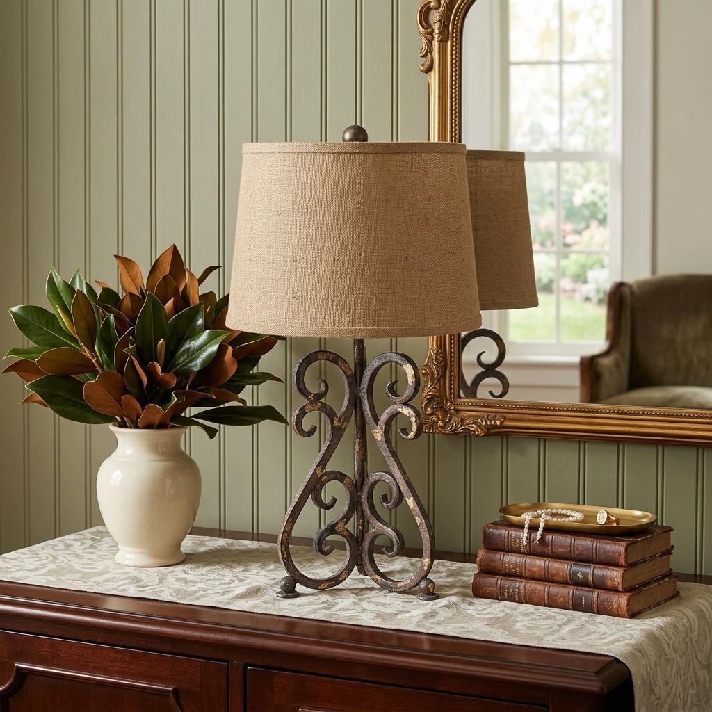 Decorative lamp with a vase of plants and books on a wooden surface with a mirror in the background.