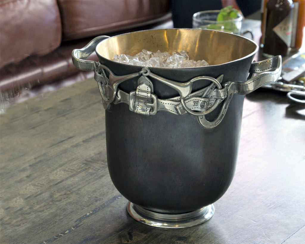 Bronze ice bucket with pure pewter detailed bridle pieces. Luxury bar essentials. Your Western Decor