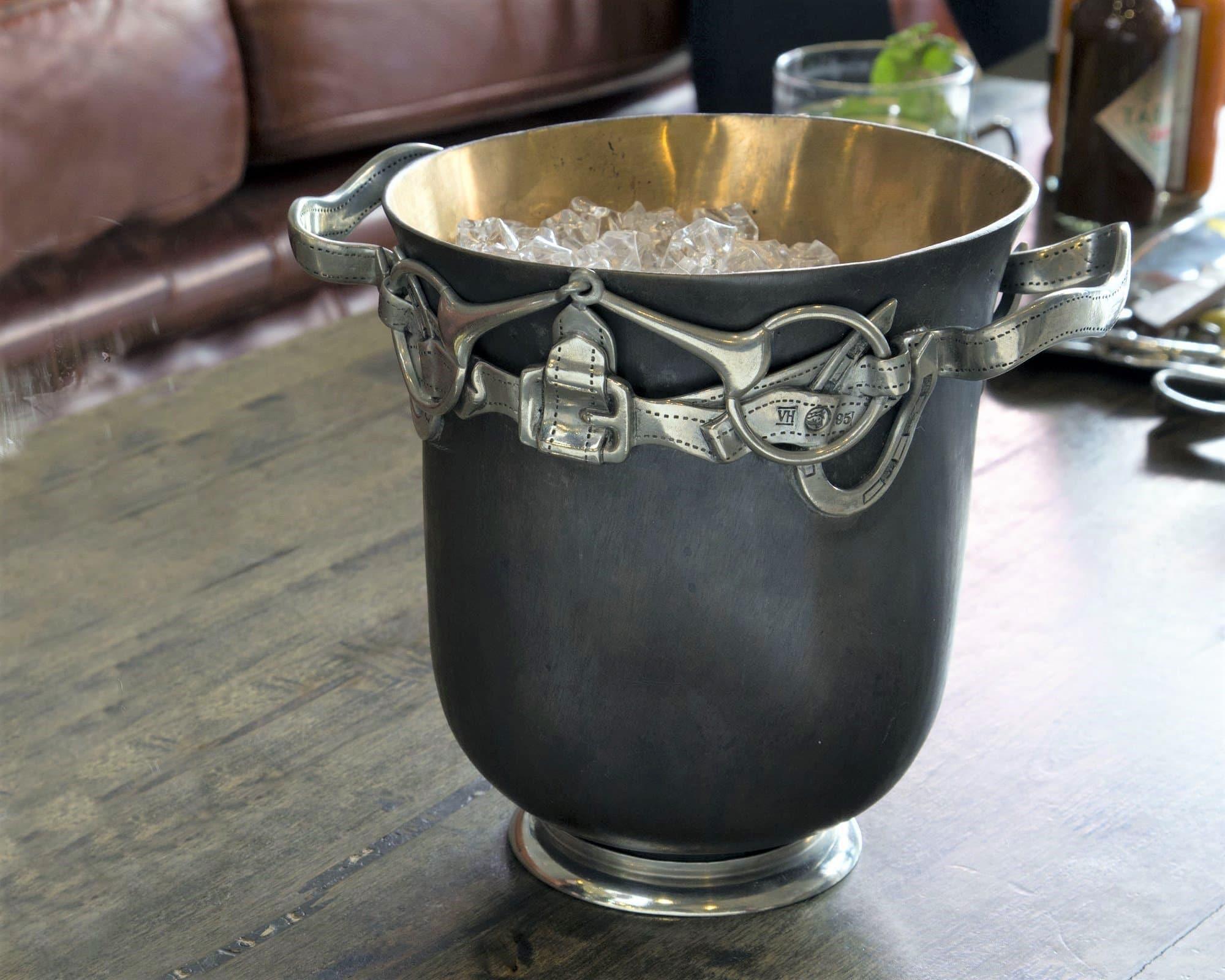 Bronze and pewter ice bucket with detailed horse bridle and snaffle bit. Your Western Decor