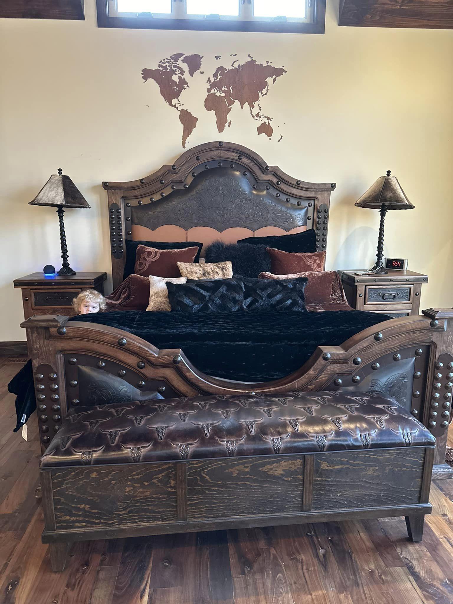 Western Bedroom with Bronze longhorn leather upholstered trunk bench - Your Western Decor