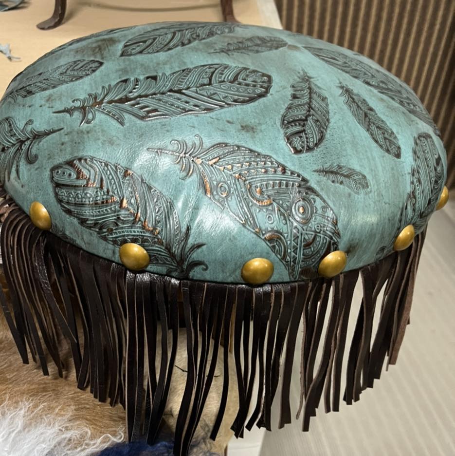 Jade and bronze feather embossed leather bar stool seat - Your Western Decor