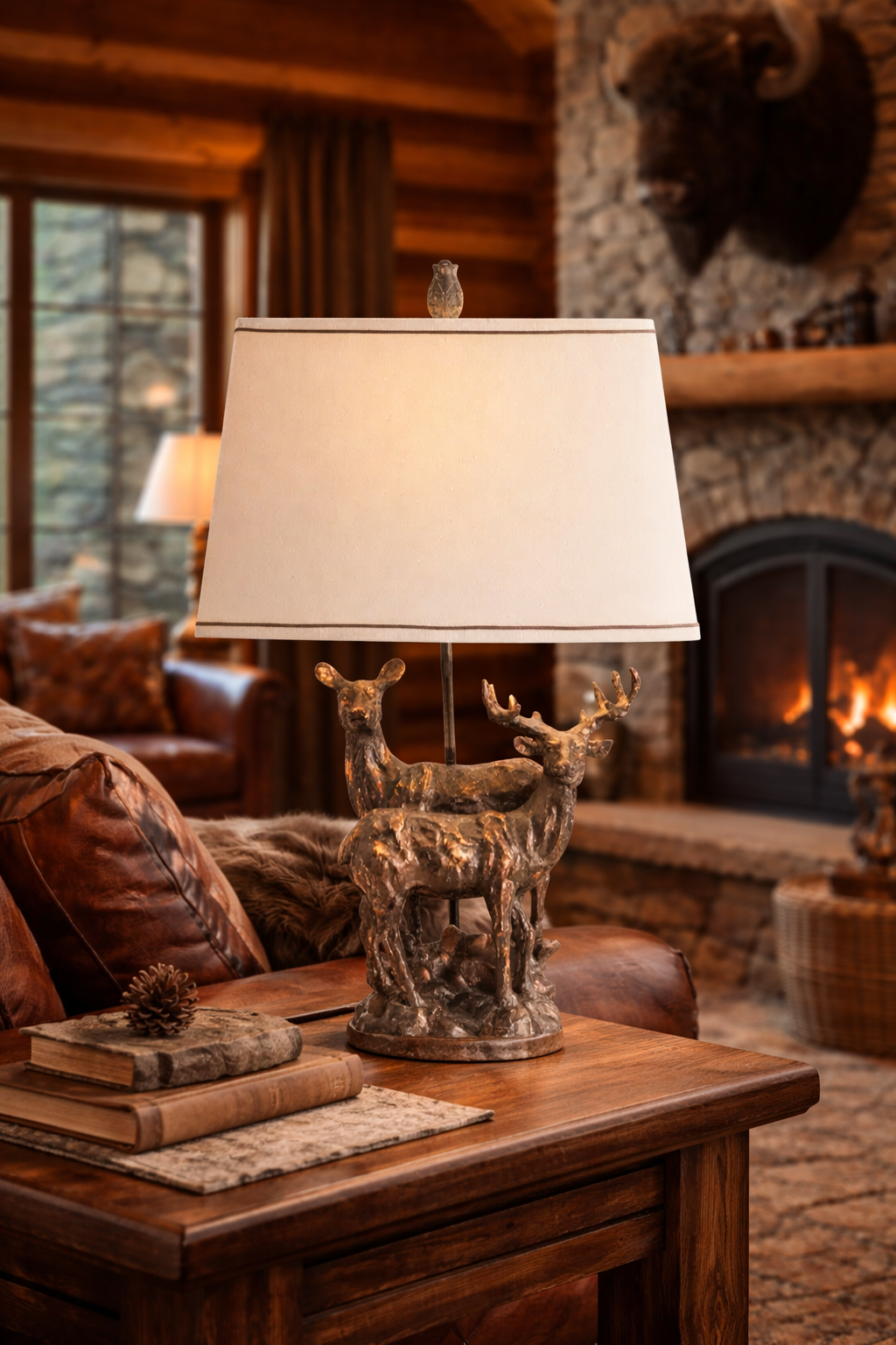 Decorative lamp with deer design on a wooden table in a cozy living room - YOur Western Decor
