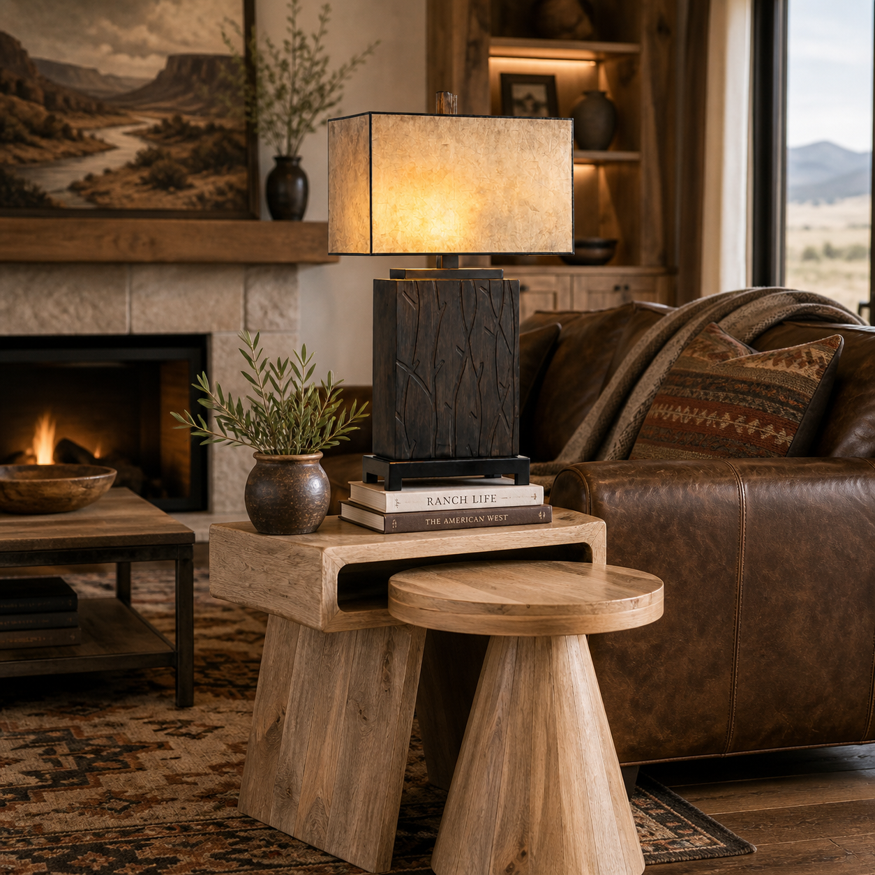 Brown bronzed table lamp with mica shade in lodge living room with leather sofa and wood nesting end tables 