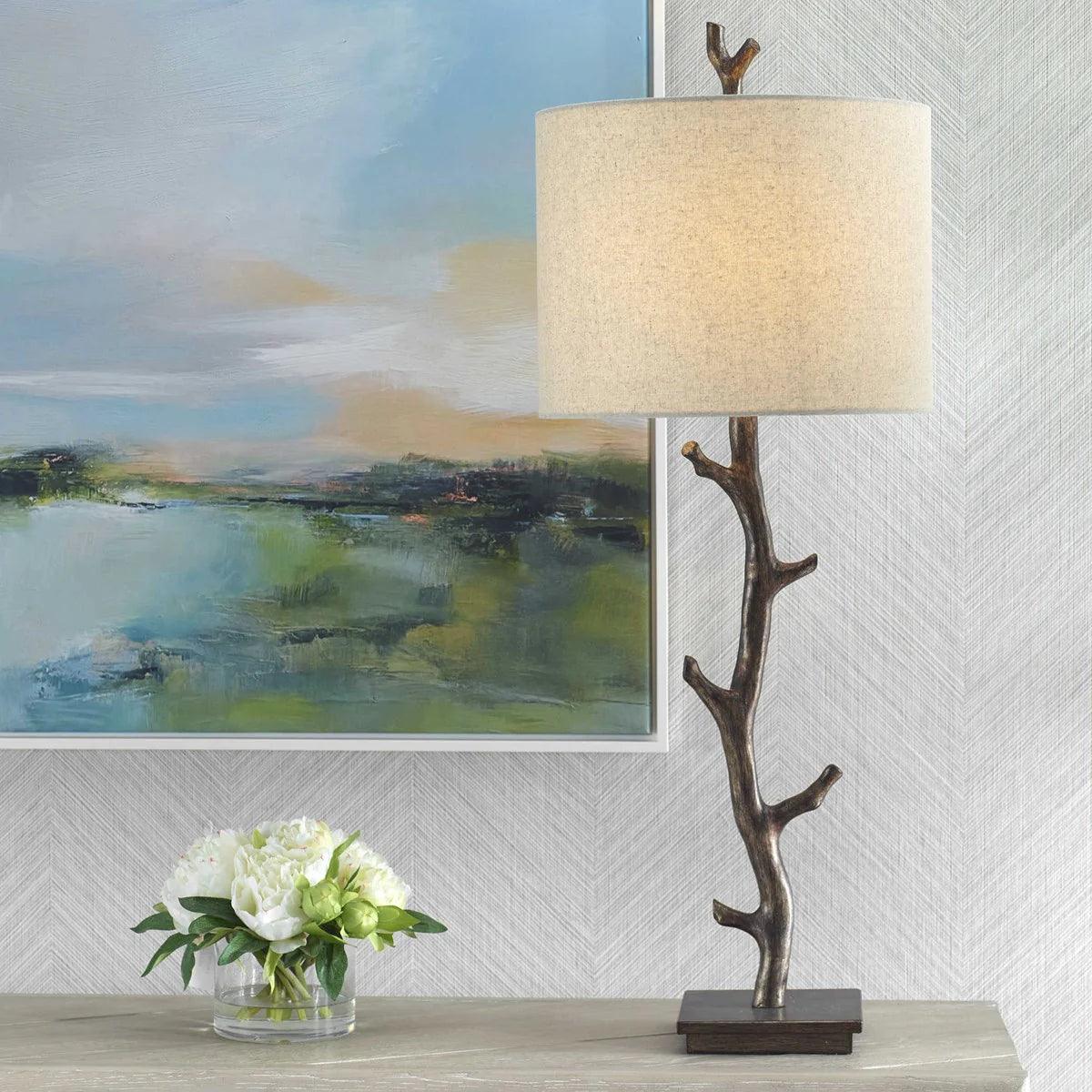 Bronzed branch look tall table lamp with oatmeal color linen drum shade - Your Western Decor