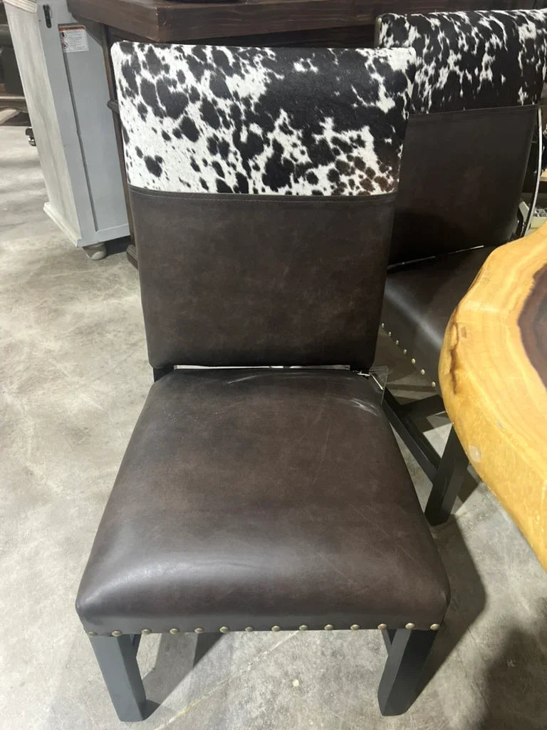 Brookes dark brown leather dining chair with spotted cowhide - Your Western Decor