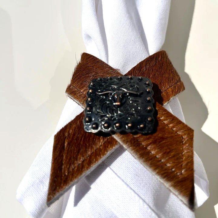 Light Brown Cowhide Napkin Rings with Longhorn concho handmade by Your Western Decor Pilot Rock Oregon