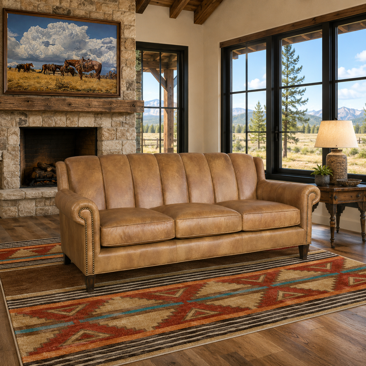 rustic light brown leather sofa with channel back design staged with Standby western horse art both American made 