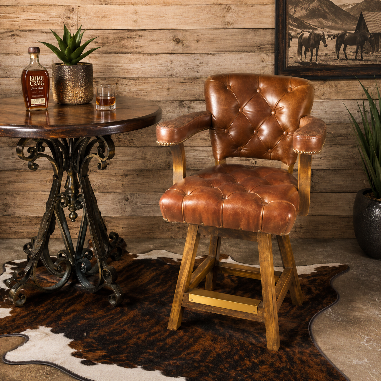 Brown tufted leather swivel counter chair at iron base mesquite wood top pub table on leather trim cowhide rug 