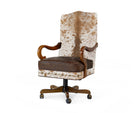 Office chair with cowhide patterned backrest and brown leather seat on a white background - Your Western Decor