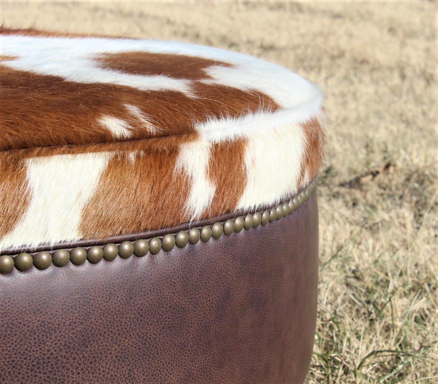 Western ottoman with brown leather and brown and white cowhide - handmade in the USA - Your Western Decor