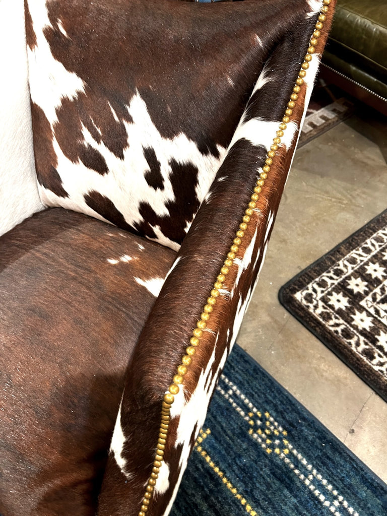 American made brown and white cowhide upholstered accent chair - Your Western Decor