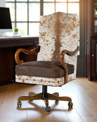 Peppered brown cowhide office chair with brown leather seat - Your Western Decor