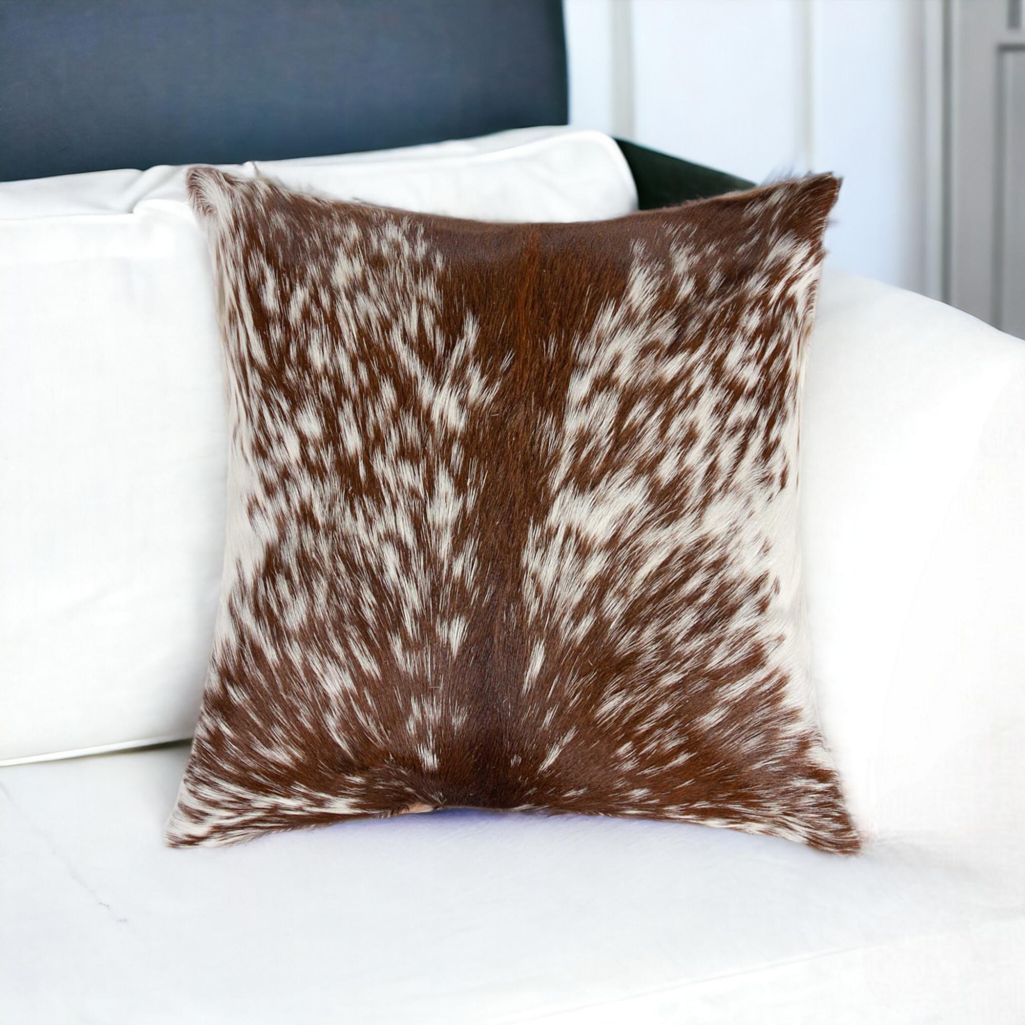 Peppered brown and white cowhide throw pillow 