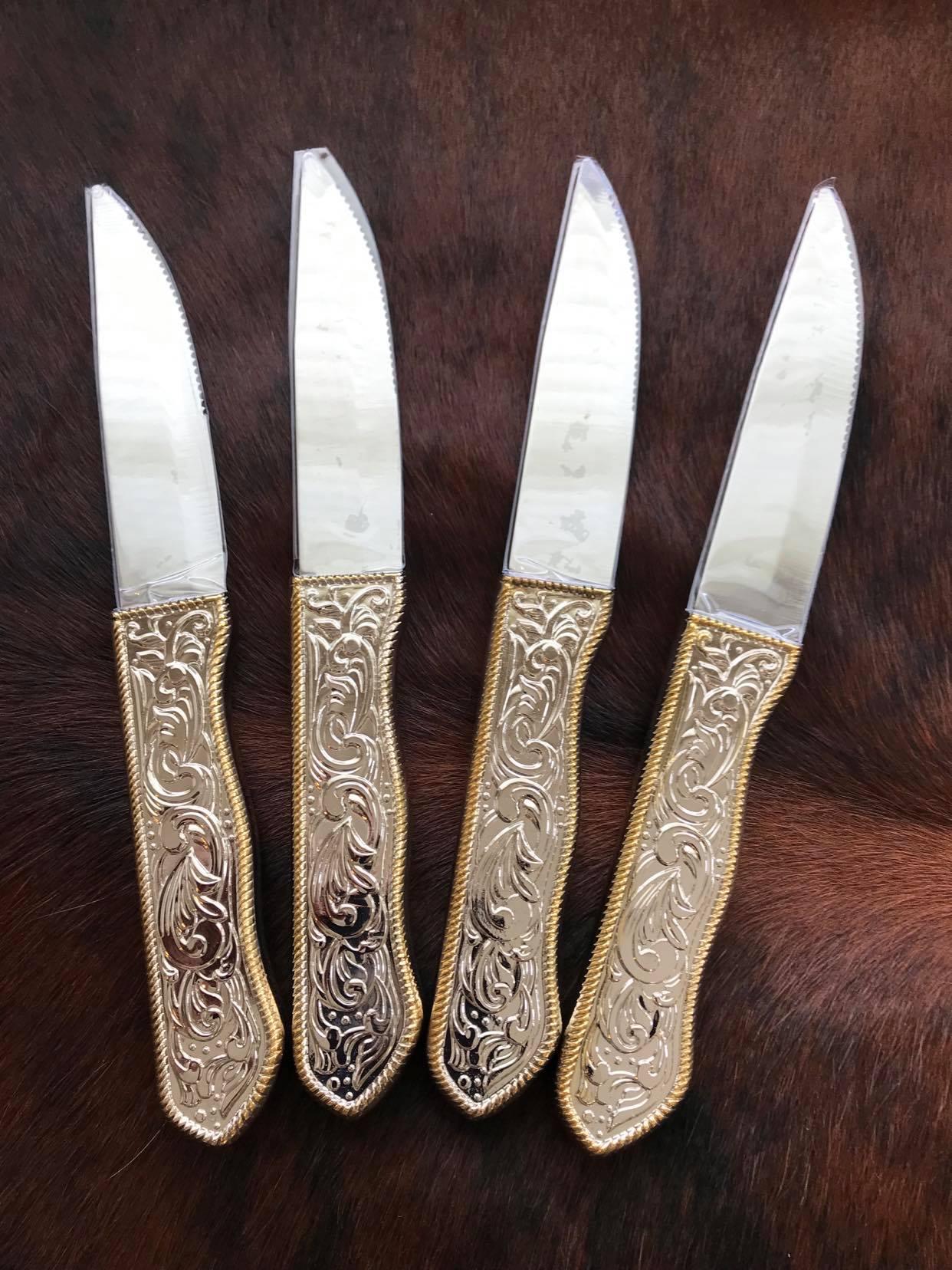 Western stainless steel tooled handled steak knives - 4-pc set - Your Western Decor