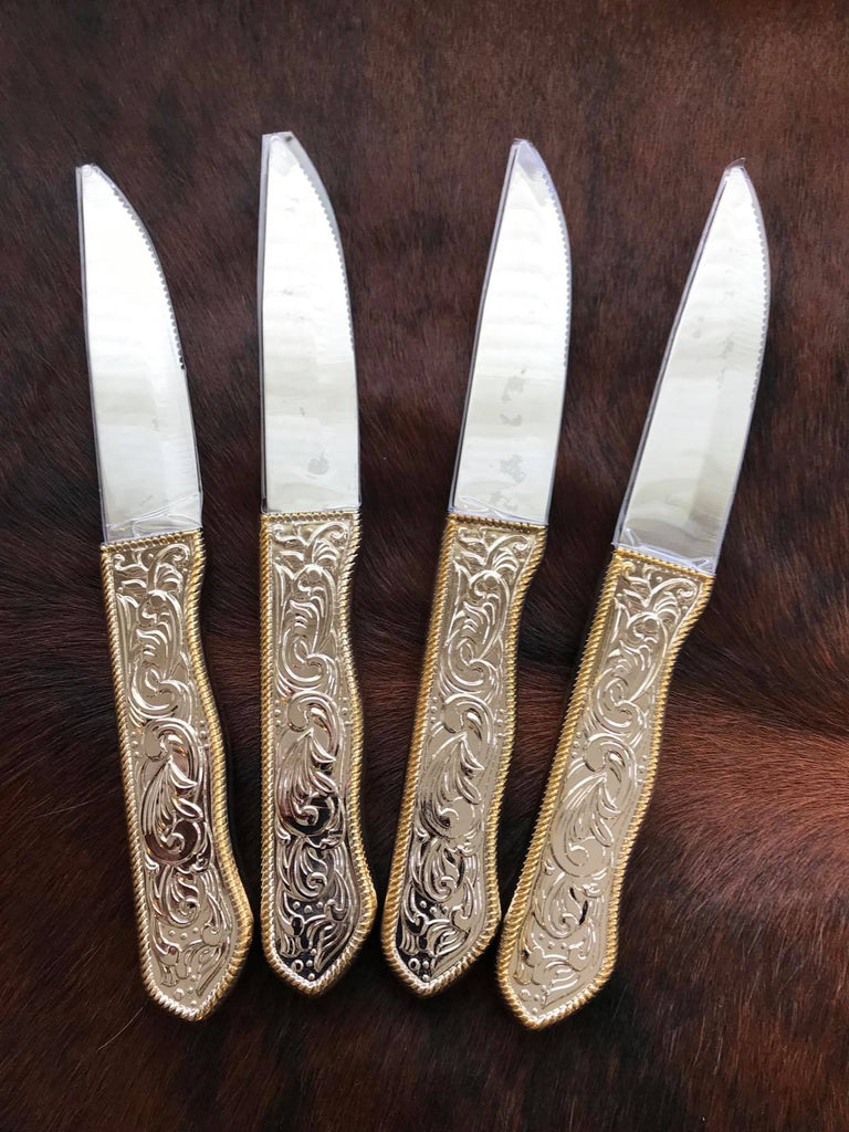 Western stainless steel tooled handled steak knives - 4-pc set - Your Western Decor