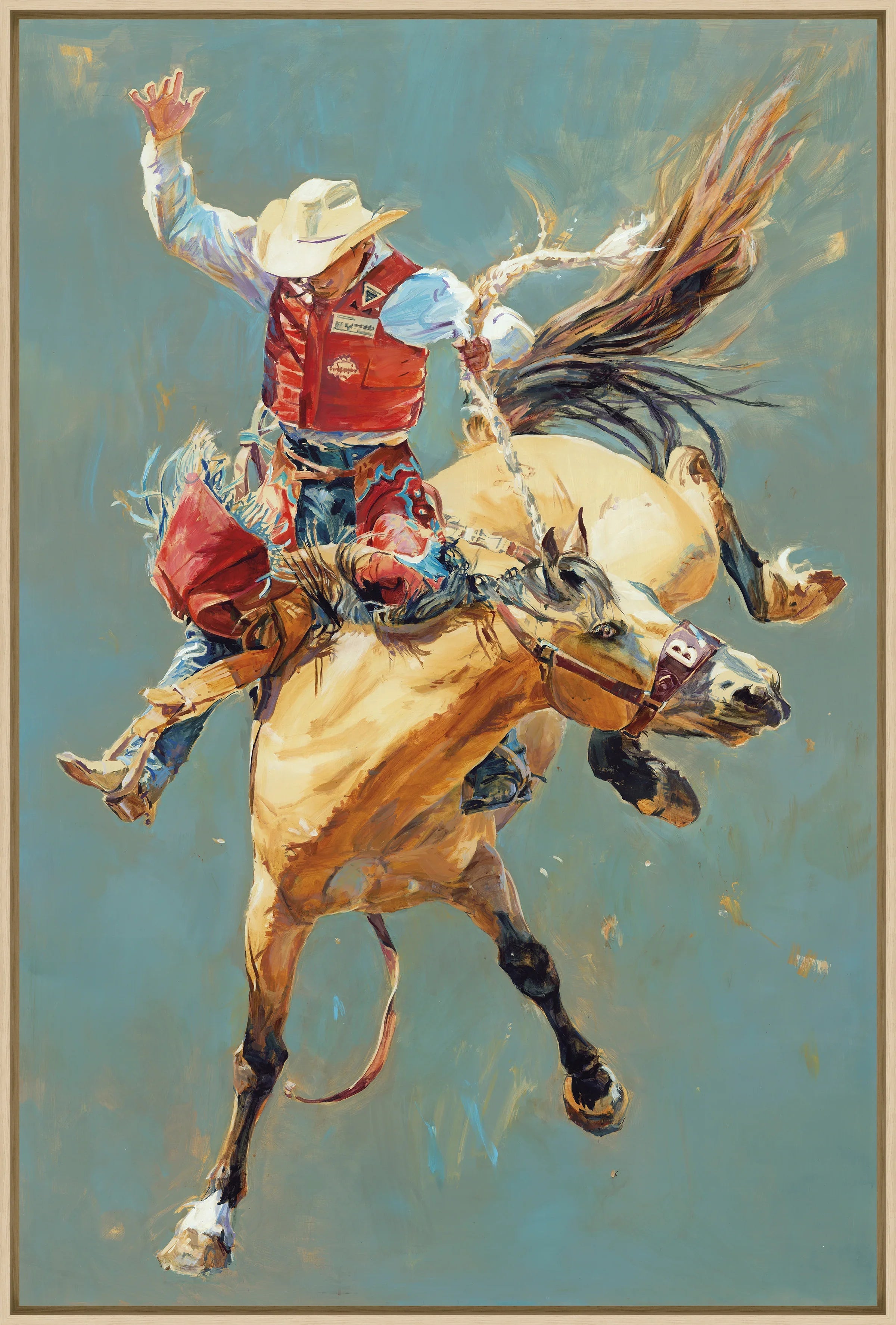 Painting of a cowboy riding a bucking horse against a blue background - Your Western Decor