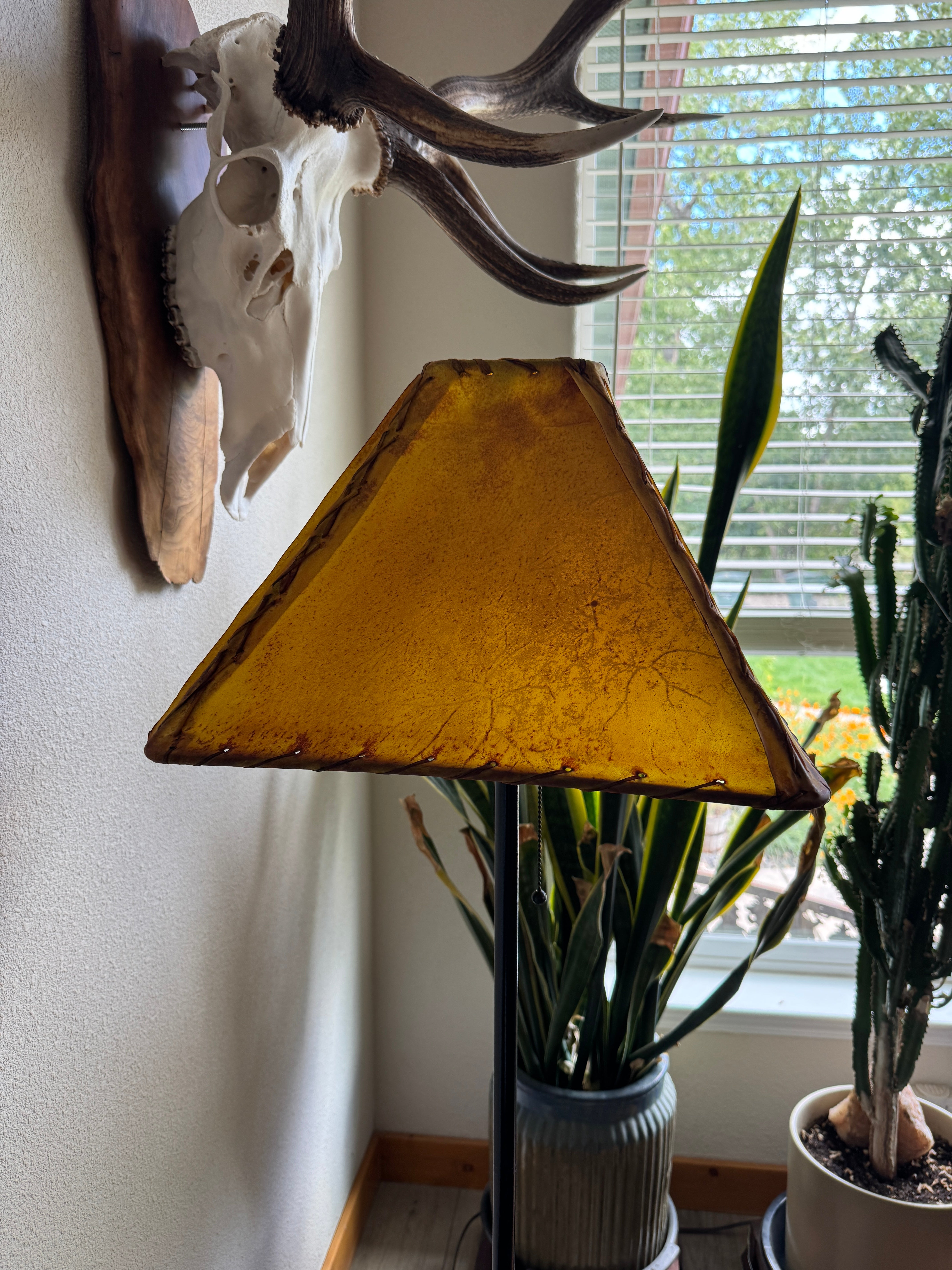 Buckskin rawhide lamp shade with light off in natural light 