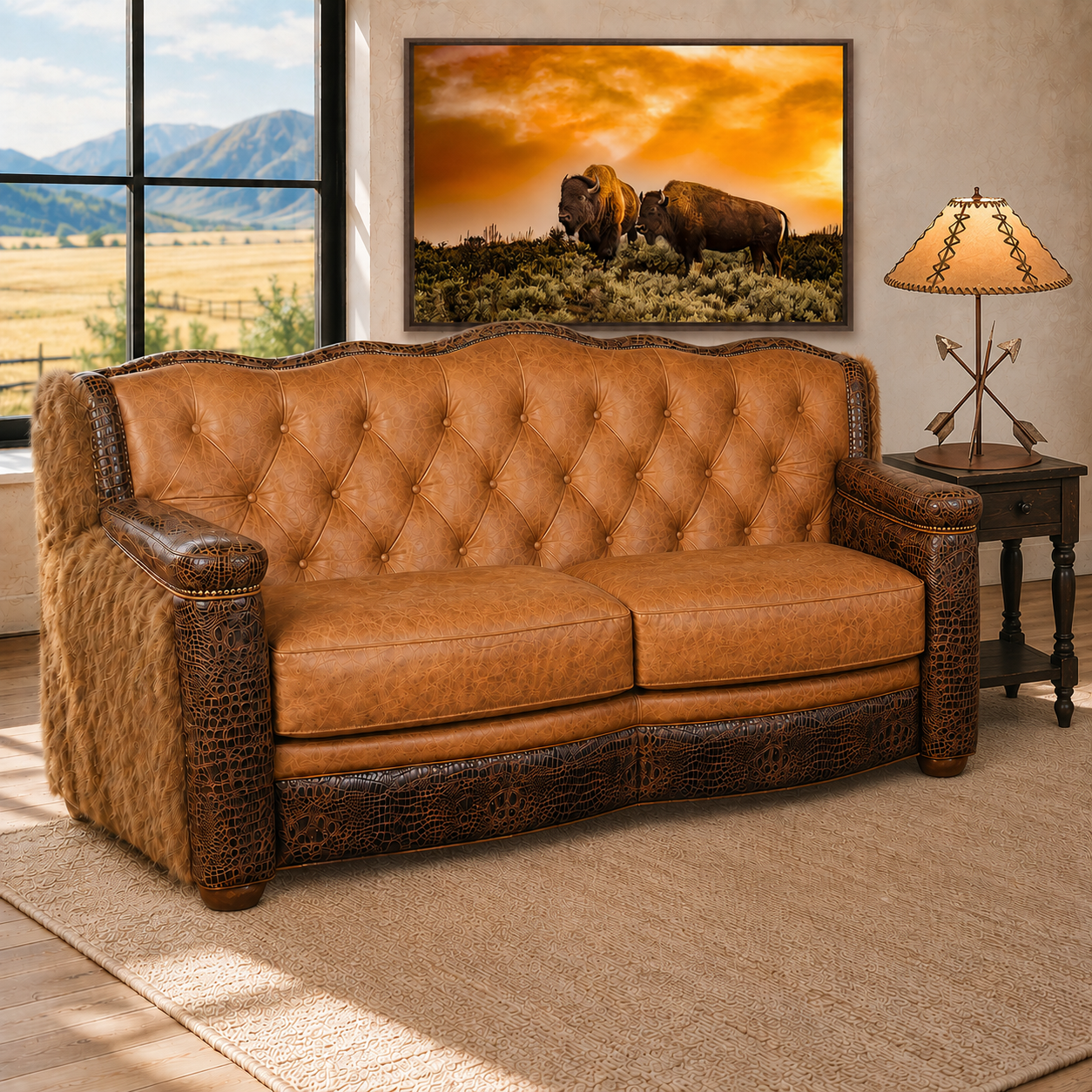 A luxury tufted leather loveseat sofa in a warm tan and dark brown, styled in a rustic living room setting with a framed bison landscape print on the wall and a matching side table with a lamp.