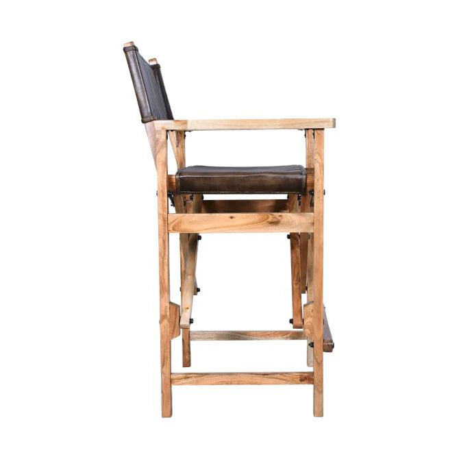 Dark brown buffalo leather folding bar chair with wood frame - Your Western Decor