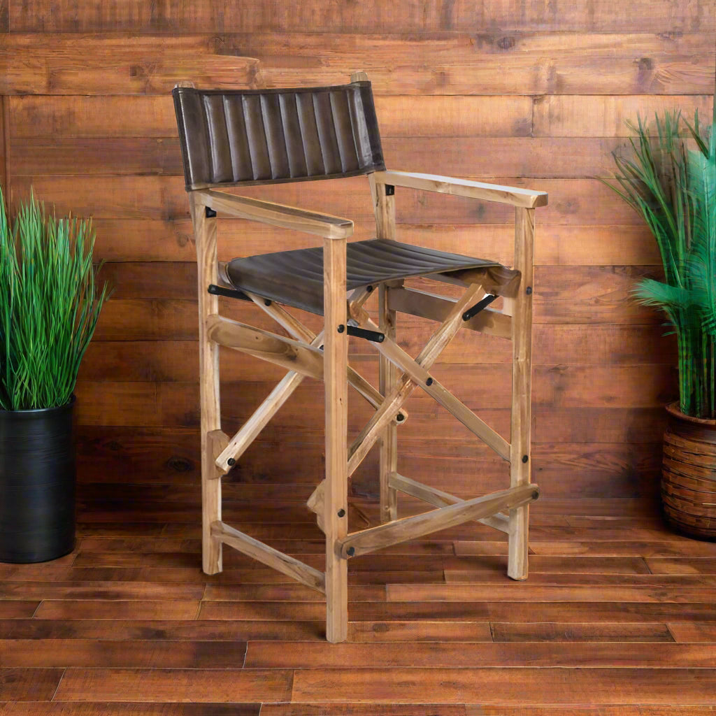 Dark brown buffalo leather folding bar chair with wood frame - Your Western Decor