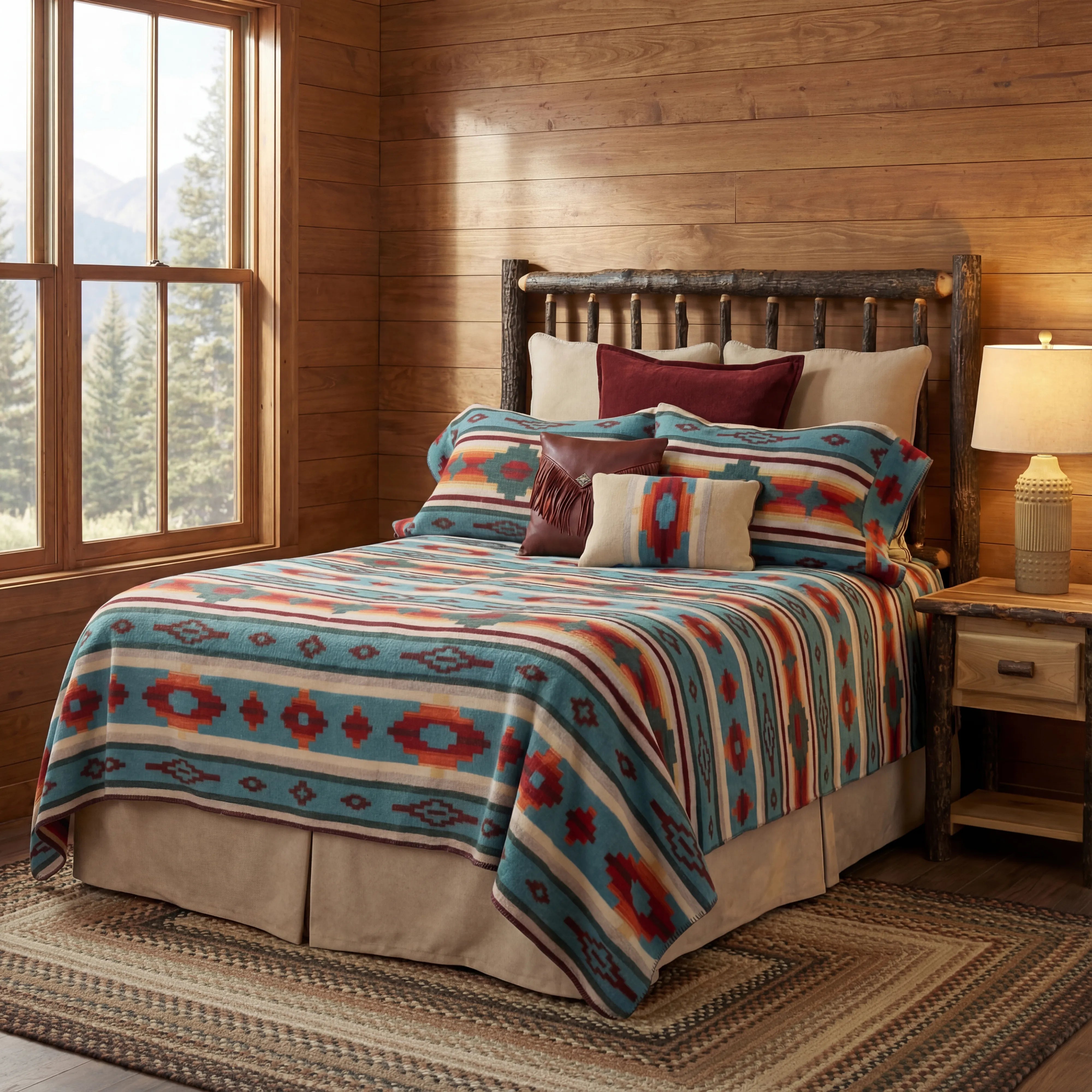 Log bed and nightstand. Bedding is turquoise, blue, orange, red geometric southwestern collection 