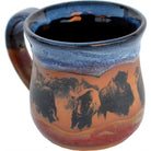 Ceramic mug with blue rim and orange base featuring bison designs on a white background - Your Western Decor