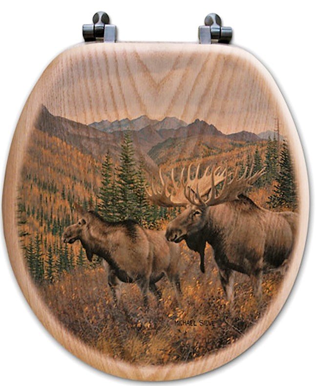 Bull and Cow Moose Oak Round Toilet Seat - Your Western Decor