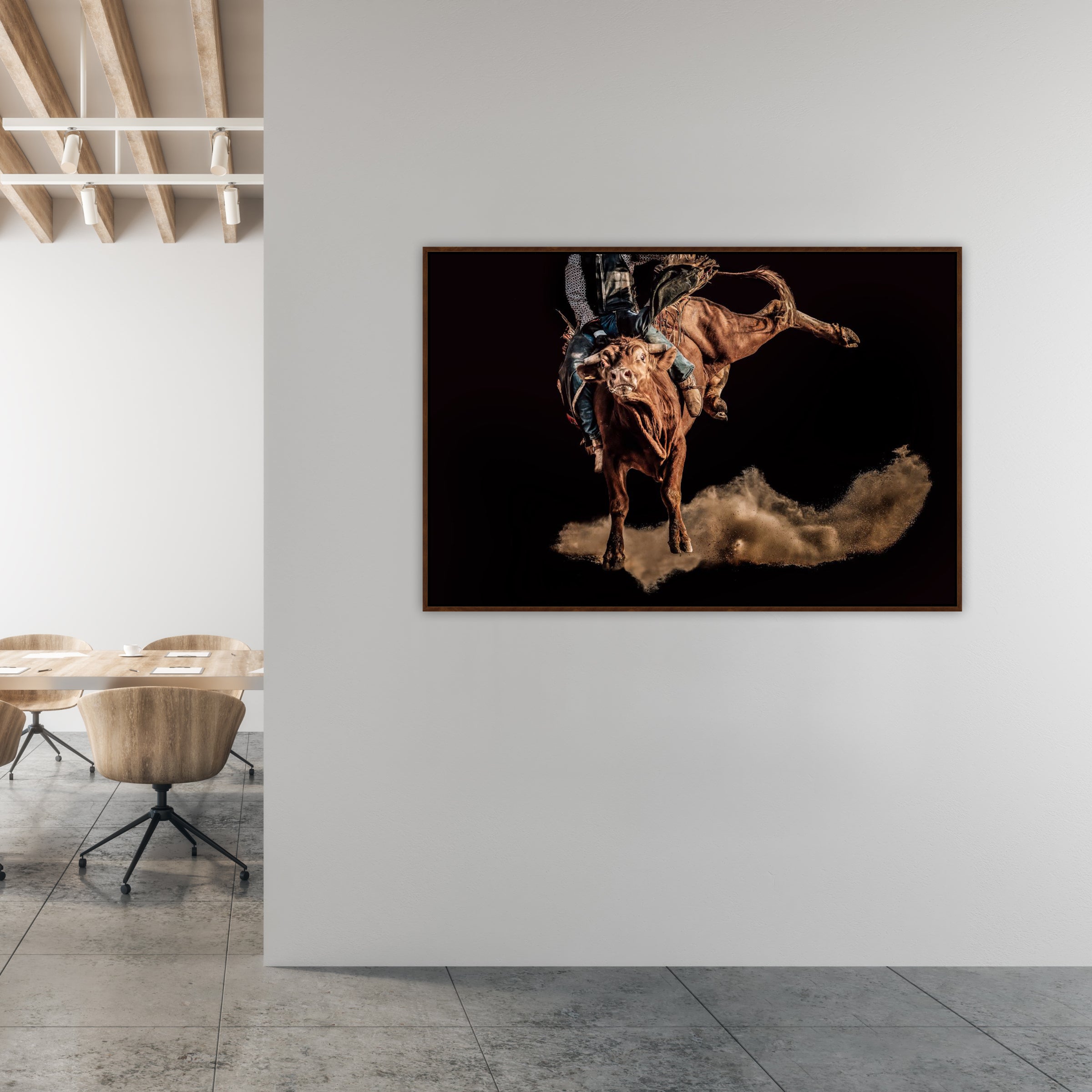 Framed artwork of a bull in a modern office setting - Your Western Decor