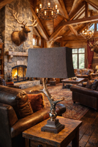 Burnished antler table lamp in rustic luxury lodge great room - Your Western Decor