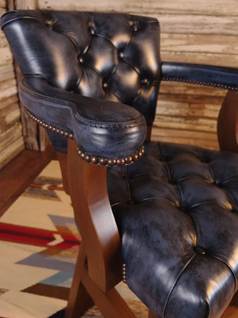 American made burnished blue leather bar chair with swivel seat and rustic Western styling