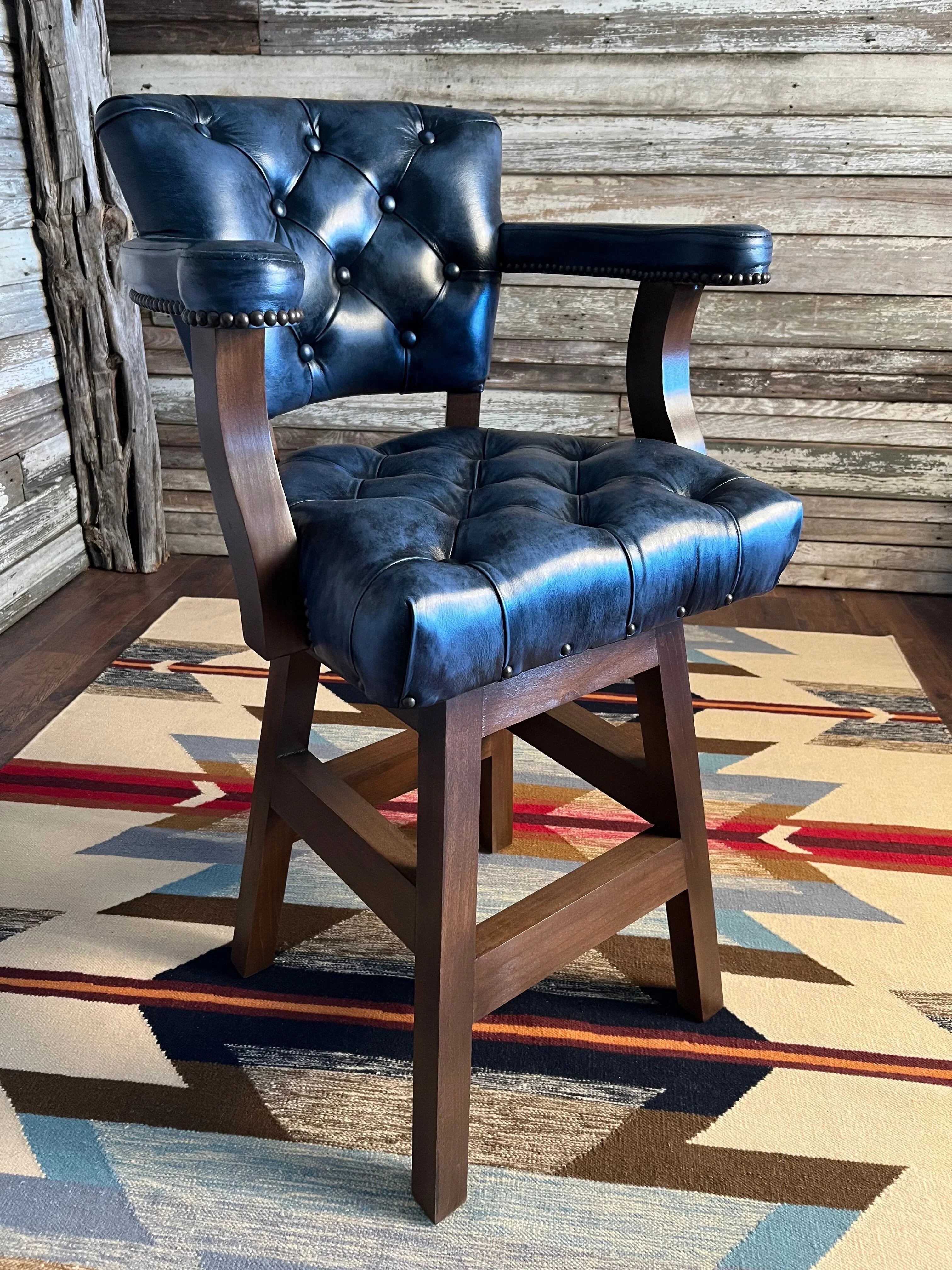 Luxury Western burnished blue leather counter stool with tufted seat and genuine cowhide back