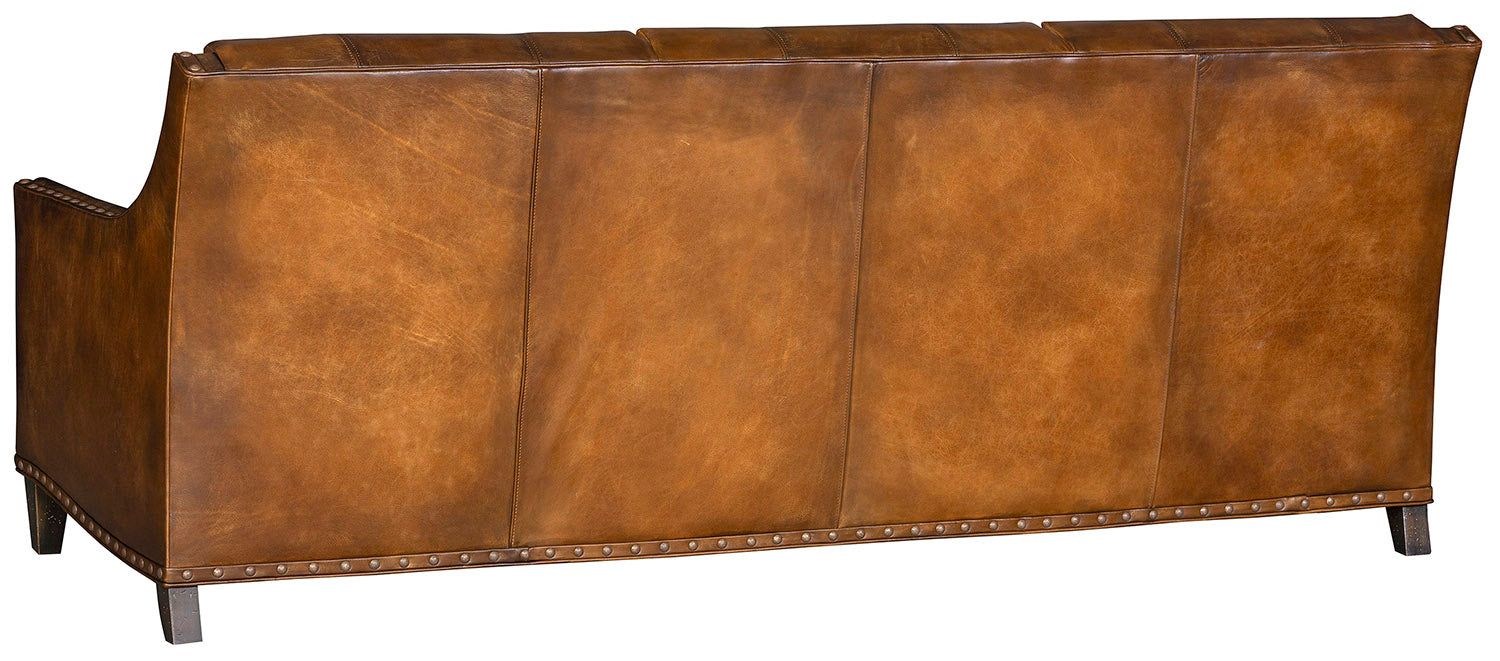 Western ranch style tufted leather couch back in Bark Sauvage leather that has been hand burnished 