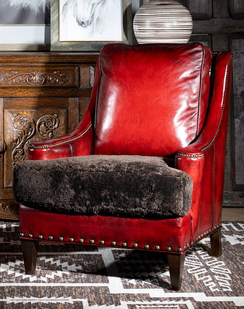 Burnished Red Leather Chair w/ Shearling Seat - Fine Luxury Furniture Made in America - Your Western Decor
