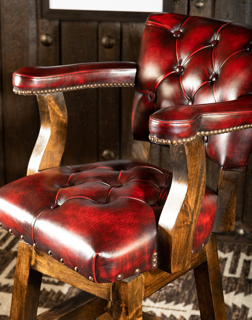 Burnished Red Leather Western Barstool with tufted upholstery - made in the USA - Your Western Decor