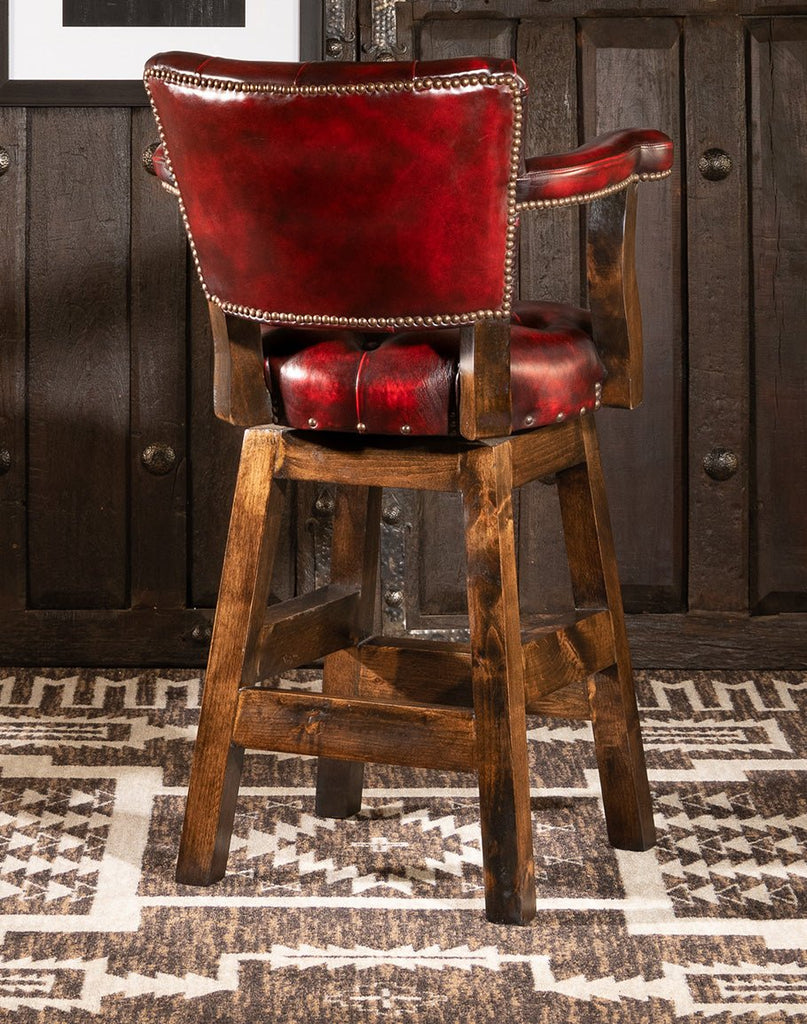 Burnished Red Leather Western Barstool back - made in the USA - Your Western Decor